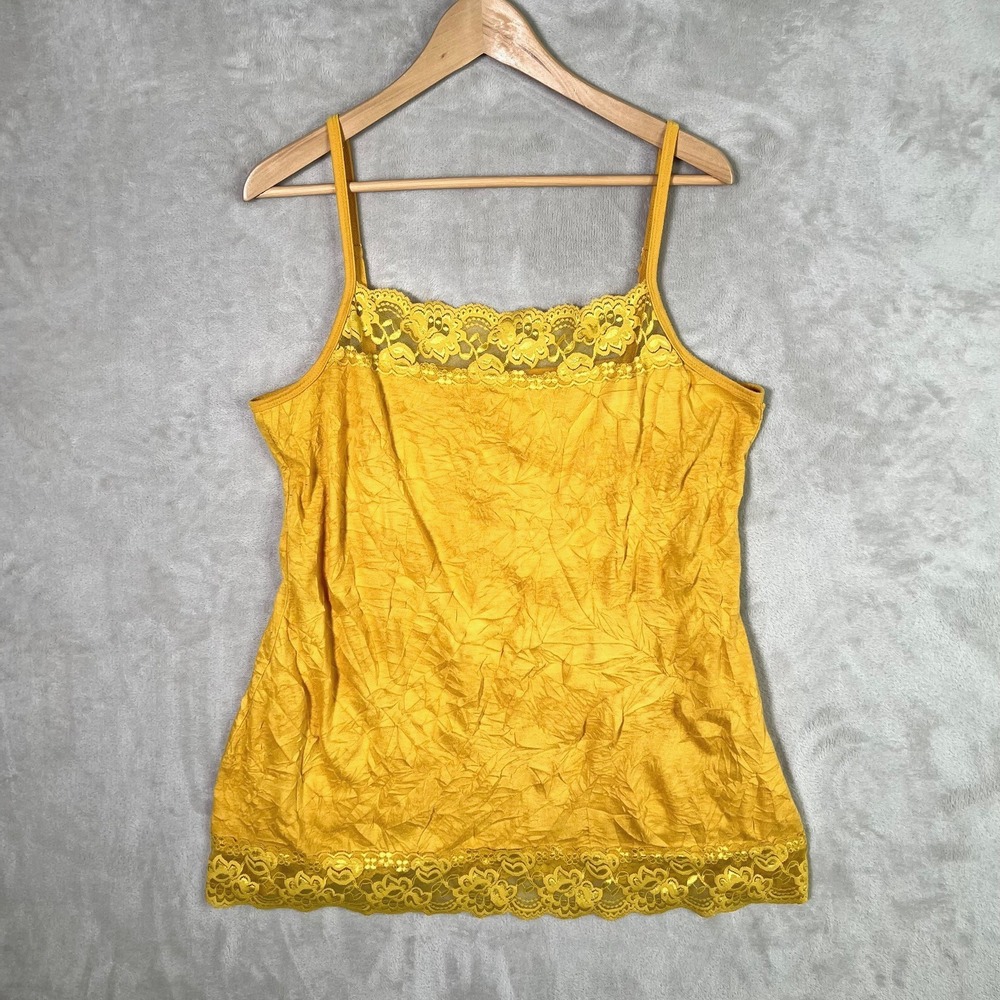 VTG Y2K Crinkle Cami Lace Detail Adj Straps Yellow Elana Gilbert Bella Swan Sz 1